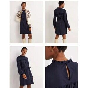 BODEN Easy Yoke Mini Jersey Dress US 14R Navy Blue Mini Casual Ruffle High Neck